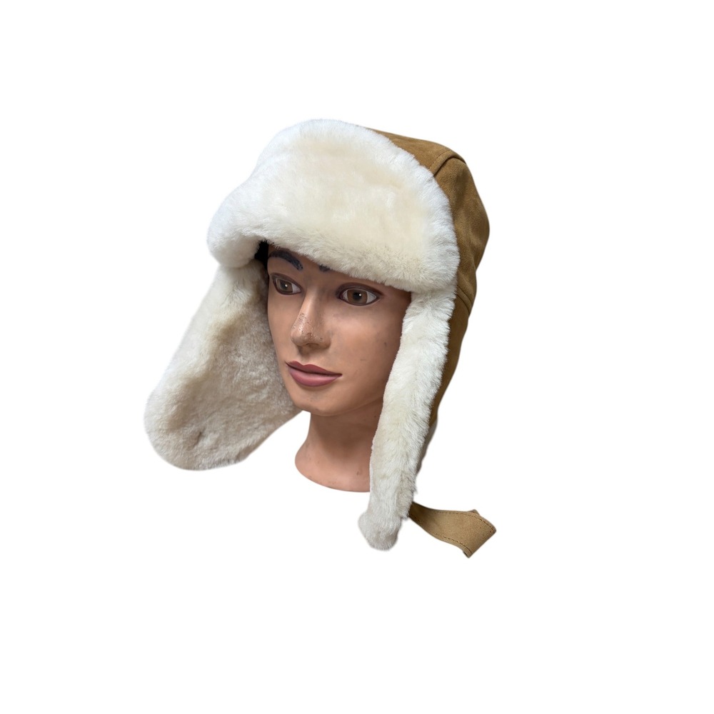 UGG Chestnut Suede Trapper Hat Real Sheepskin Fur Trim Aviator Cap OS NEW